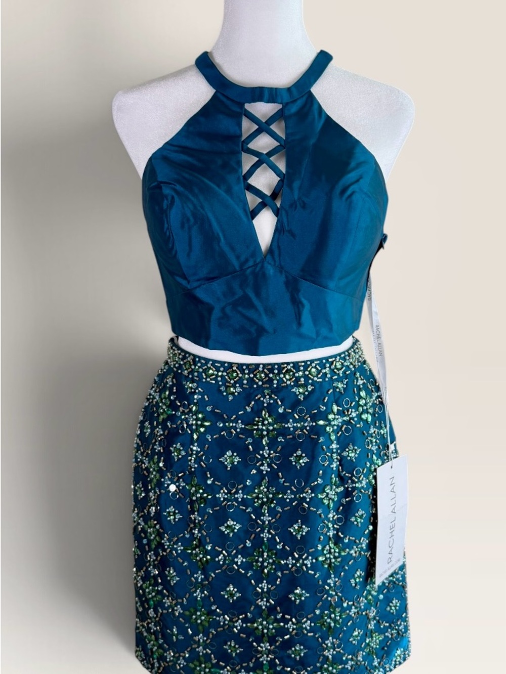 NWT Stunning Rachel Allan 4418 Teal Beaded Two Piece Dress Size 4